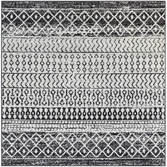 Hauteloom Constantinople Moroccan Trellis Bohemian Living Room, Bedroom Area Rug - Traditional Farmhouse Carpet - Black, Gray, White - 5' Square Area Rug
