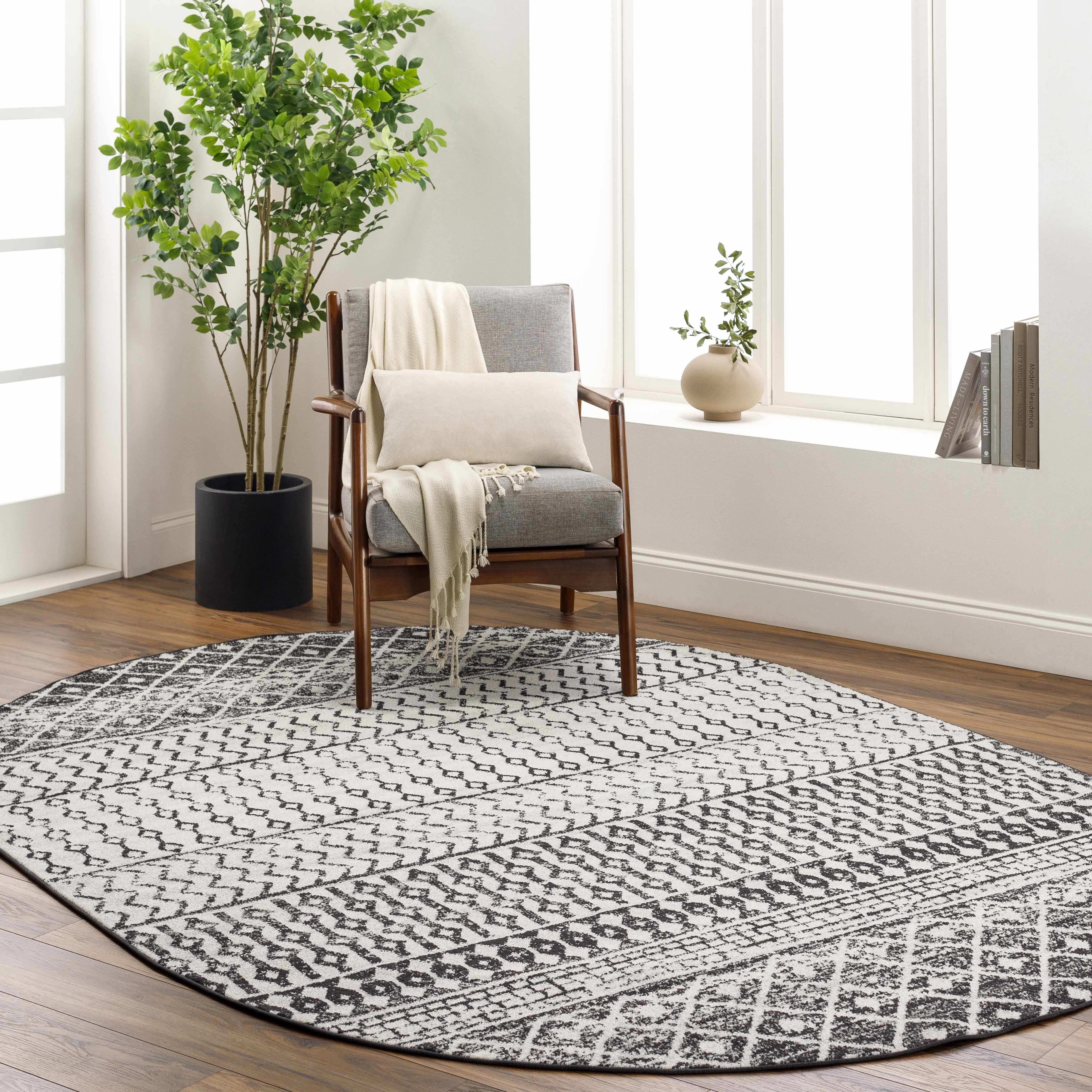 Hauteloom Constantinople Moroccan Trellis Bohemian Living Room, Bedroom Area Rug - Traditional Farmhouse Carpet - Black, Gray, White - 5' x 8' Oval Area Rug