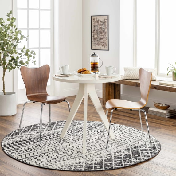 Hauteloom Constantinople Moroccan Trellis Bohemian Living Room, Bedroom Area Rug - Traditional Farmhouse Carpet - Black, Gray, White - 6' Round Area Rug