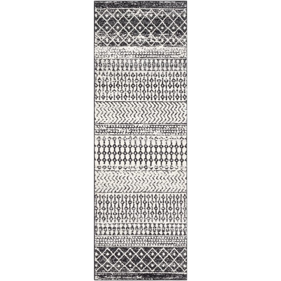 Hauteloom Constantinople Moroccan Trellis Bohemian Living Room, Bedroom Runner Rug - Traditional Farmhouse Carpet - Black, Gray, White - 2'7" x 12'