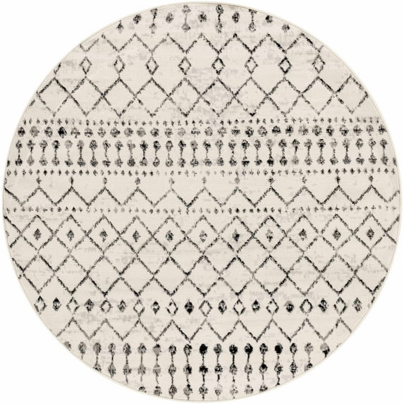 Hauteloom Cowplain Farmhouse Moroccan Geometric Area Rug - Boho Aztec Tribal Carpet for Living Room, Bedroom, Dining Room - Cream, Black, Beige, Gray - 5'3" Round Rug