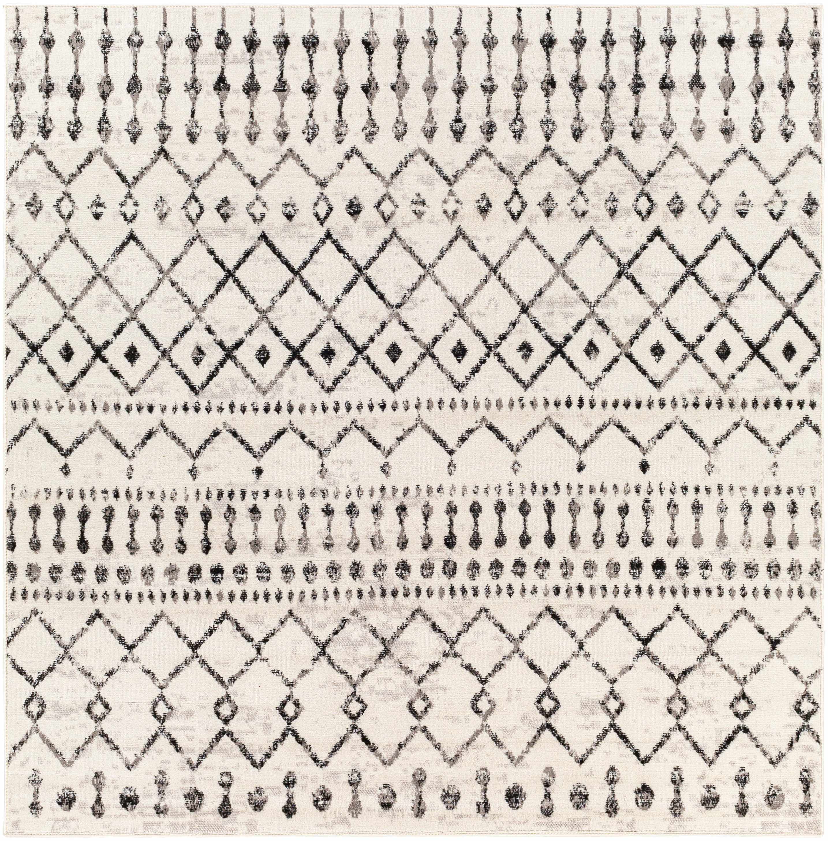 Hauteloom Cowplain Farmhouse Moroccan Geometric Area Rug - Boho Aztec Tribal Carpet for Living Room, Bedroom, Dining Room - Cream, Black, Beige, Gray - 6'7" Square Rug