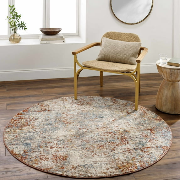 Hauteloom Cranfield Contemporary Abstract Living Room Bedroom Dining Room Area Rug - Modern Distressed Bohemian Carpet - Colorful, Red, Orange, Blue, Yellow, Terra Cotta - 5'3" Round