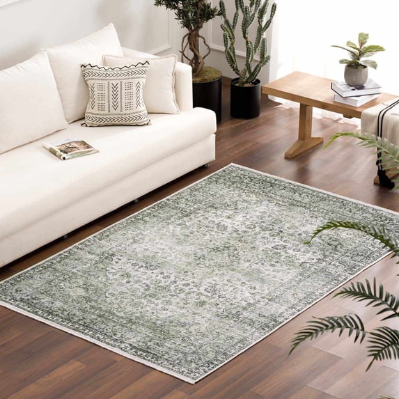Hauteloom Cristy Bohemian Vintage Medallion Area Rug - Farmhouse Oriental Carpet for Living Room, Bedroom - Machine Washable- Cream, Olive - 6'7" x 9'