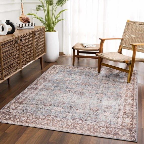 Hauteloom Dauis Traditional Oriental Machine Washable Living Room Area Rug - Bohemian Faded Carpet - Vintage Distressed - Brown, Beige, Blue - 6'7" x 9'