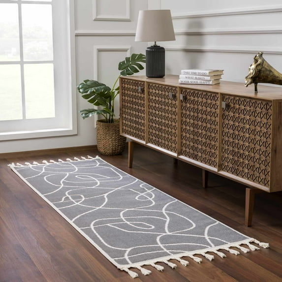 Hauteloom Azana Hallway, Kitchen Runner Rug - Farmhouse - High Pile - Gray, Cream - 2'7" x 7'3"