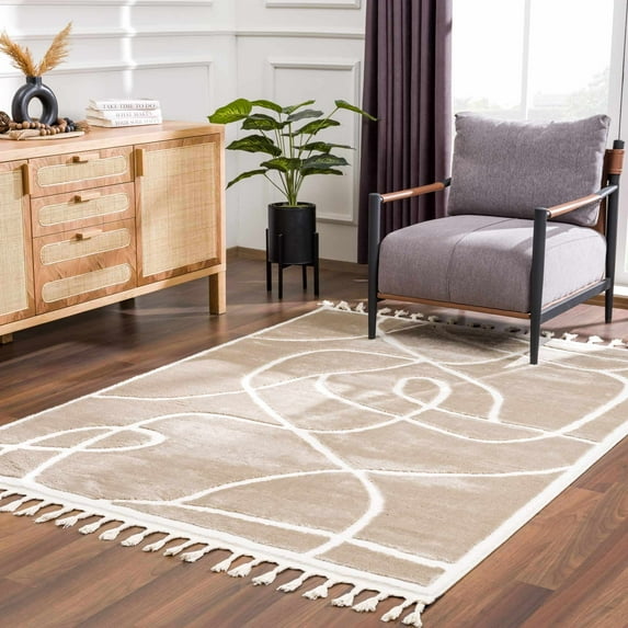 Hauteloom Deren Living Room, Bedroom Bohemian Shag Area Rug - Soft Shaggy Farmhouse - High Plush Pile - Brown, Beige, White, Cream - 5'3" x 7'