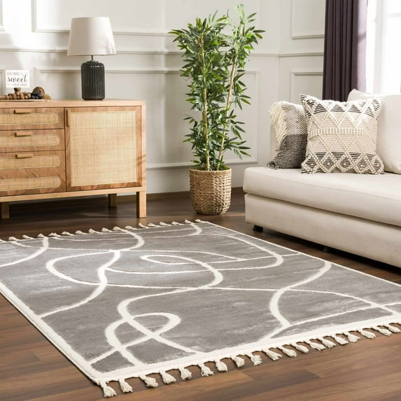 Hauteloom Deren Living Room, Bedroom Bohemian Shag Area Rug - Soft Shaggy Farmhouse - High Plush Pile - Gray, White, Cream, Light Beige - 5'3" x 7'