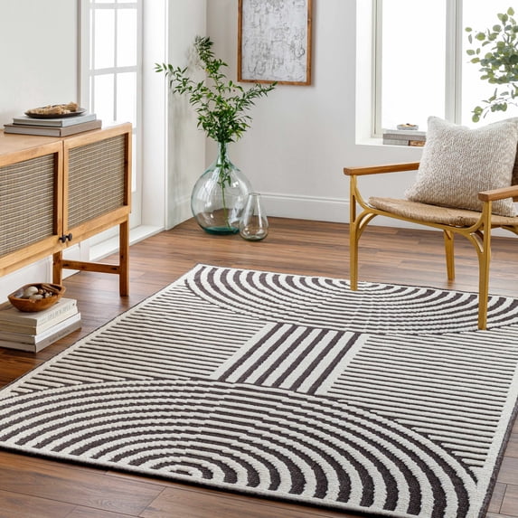 Hauteloom Deron Living Room, Bedroom Machine Washable Area Rug - Contemporary - Black, Off White - 2' x 2'10"