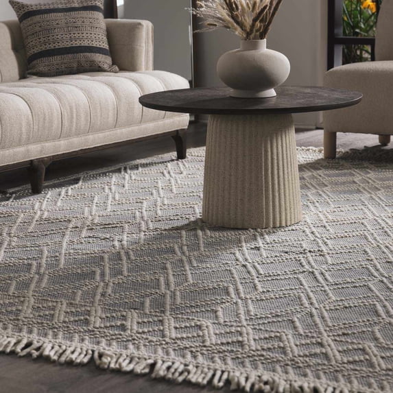 Hauteloom Derrimut Moroccan Farmhouse Living Room Bedroom Wool Area Rug with Tassel - High Low, Wool - Moroccan Trellis - Hand Woven, Handmade, Beige, Grey, Light Brown - 2'3" x 3'9"