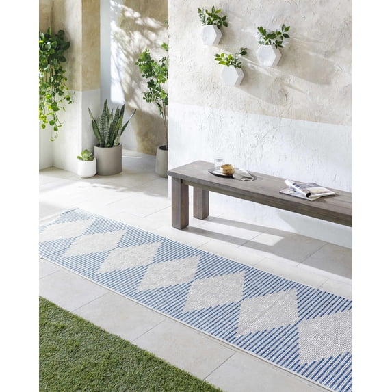 Hauteloom Dfafs Hallway, Kitchen Patio Outdoor Runner Rug - Modern - Blue, Ivory - 2'7" x 12'