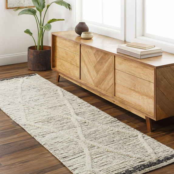 Hauteloom Dhruv Wool Hallway, Kitchen Runner Rug - Bohemian, Transitional - High Pile - Bone, Taupe, Cloud Gray - 2'6" x 8'