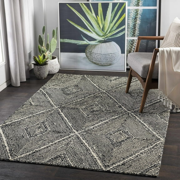 Hauteloom Dimbulah Boho Diamond Hand Tufted Wool Natural Fiber Soft Area Rug - Traditional Trellis Carpet for Living Room, Bedroom, Dining Room - Black and White - 5' x 7'6" (5x7 Area Rug)