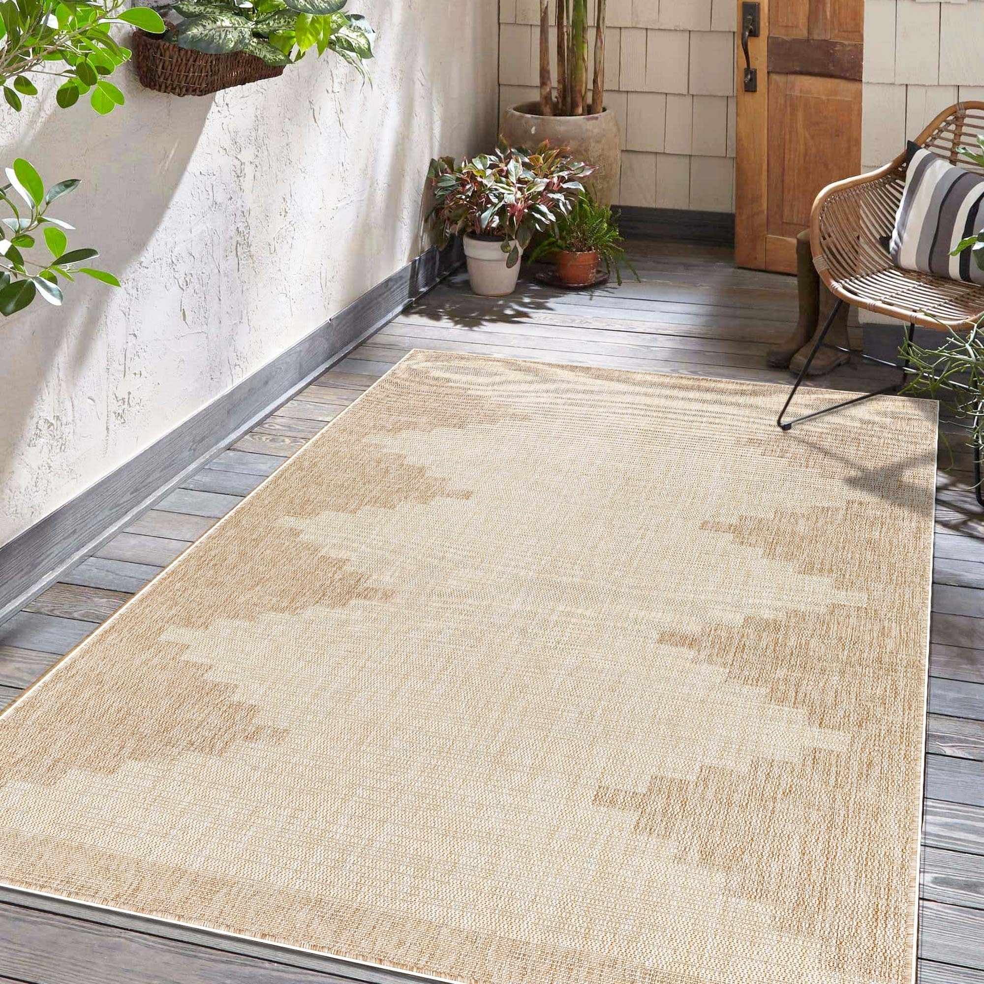 Hauteloom Djugun Outdoor Area Rug - Outside Porch Patio Rug Carpet - No Pile Rug - Waterproof Rug - Geometric - Brown, Cream, Beige - 4'3" x 5'11"