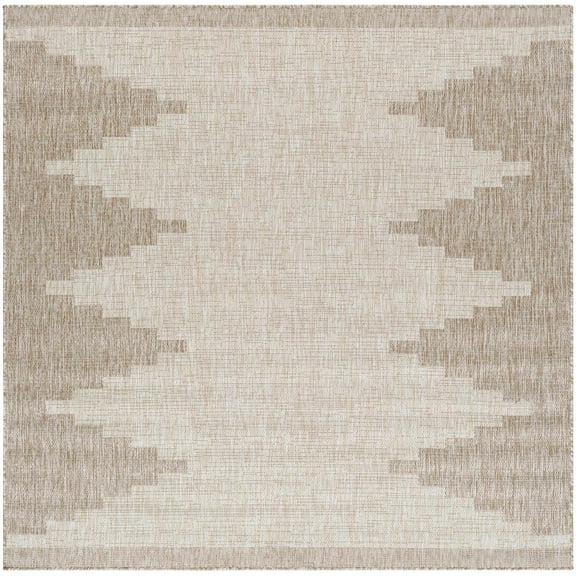 Hauteloom Djugun Outdoor Area Rug - Outside Porch Patio Rug Carpet - No Pile Rug - Waterproof Rug - Geometric - Brown, Cream, Beige - 6'7" Square