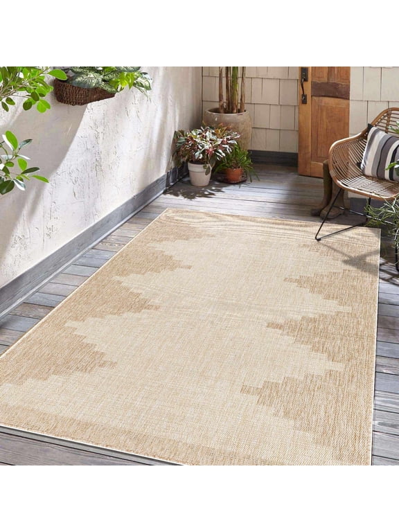 Djugun Outdoor Area Rug - Outside Porch Patio Rug Carpet - No Pile Rug - Waterproof Rug - Geometric - Brown, Cream, Beige - 7'10" x 10'2"