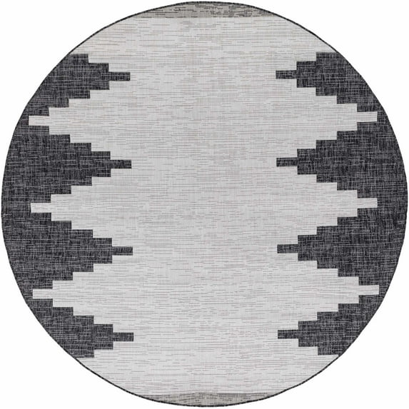 Hauteloom Eris Outdoor Area Rug - Outside Porch Patio Rug Carpet - Waterproof Rug - Geometric - Black, Gray, Off White, White - 6'7" Round