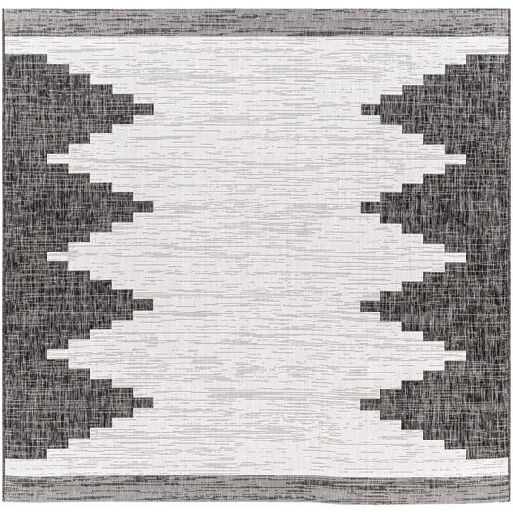 Hauteloom Djugun Outdoor Area Rug - Outside Porch Patio Rug Carpet - Waterproof Rug - Geometric - Black, Gray, Off White, White - 7'10" Square