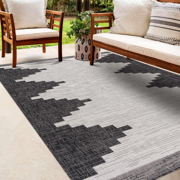 Hauteloom Eris Outdoor Area Rug - Outside Porch Patio Rug Carpet - Waterproof Rug - Geometric - Black, Gray, Off White, White - 8'10" x 12'