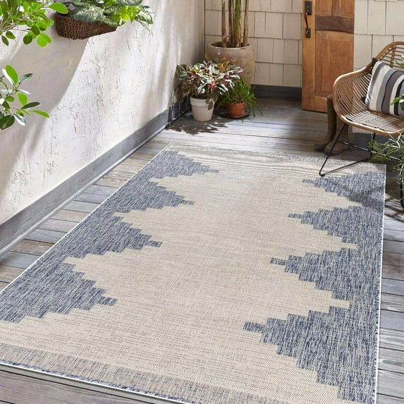 Hauteloom Djugun Outdoor Area Rug - Outside Porch Patio Rug Carpet - Waterproof Rug - Geometric - Blue, Gray, Beige - 4'3" x 5'11"