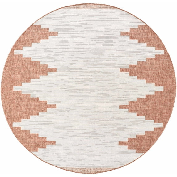 Hauteloom Djugun Outdoor Area Rug - Outside Porch Patio Rug Carpet - Waterproof Rug - Geometric - Pink, Cream, Salmon, Beige - 6'7" Round