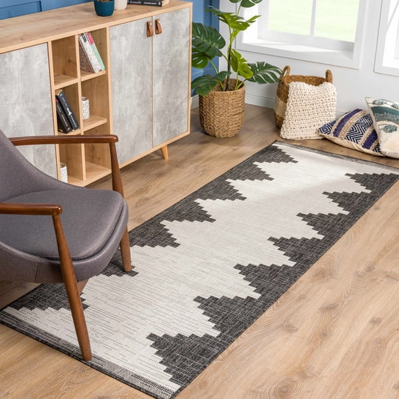 Hauteloom Eris Outdoor Runner Rug - Outside Porch Patio Rug Carpet - Waterproof Rug - Geometric - Black, Gray, Off White, White - 2'7" x 10'