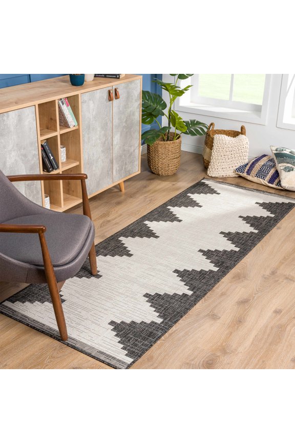 Eris Outdoor Runner Rug - Outside Porch Patio Rug Carpet - Waterproof Rug - Geometric - Black, Gray, Off White, White - 2'7" x 7'3"
