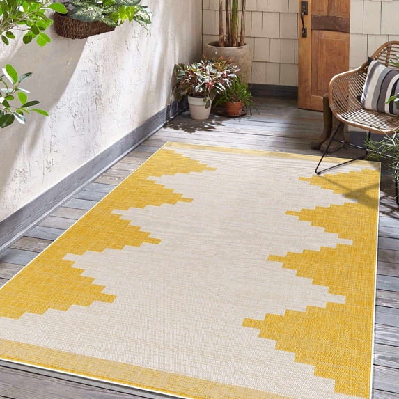 Hauteloom Djugun Outdoor Runner Rug - Outside Porch Patio Rug Carpet - Waterproof Rug - Geometric - Yellow, Off White, White, Cream, Bone - 2'7" x 10'
