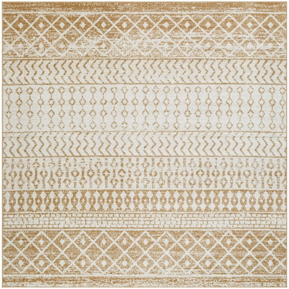 Hauteloom Dong Living Room, Bedroom Area Rug - Bohemian, Transitional - Bone, Faded Driftwood, Light Brown - 5'11" Square