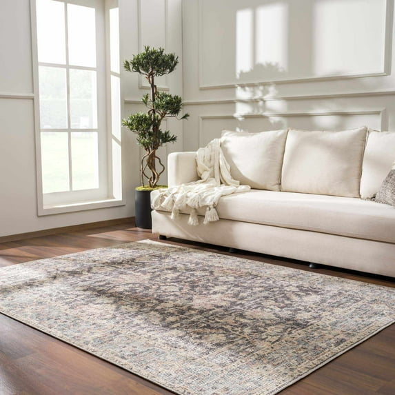Hauteloom Downtown Living Room, Bedroom Area Rug - Vintage Bohemian Boho Chic - Farmhouse - Neutral Floral - Dark Gray, Beige, Cream, Pale Pink - 7'10" x 10'