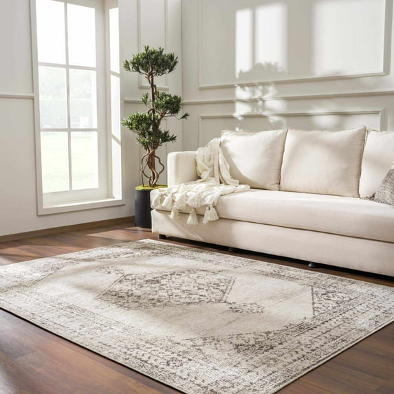 Hauteloom Downtown Living Room, Bedroom Oriental Area Rug - Vintage Bohemian Boho Chic - Farmhouse - Traditional Medallion - Bone, Gray, Beige - 5'3" x 7'