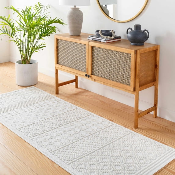 Hauteloom Drago Hallway, Kitchen Machine Washable Runner Rug - Traditional, Transitional - White, Off - White - 2'7" x 7'2"