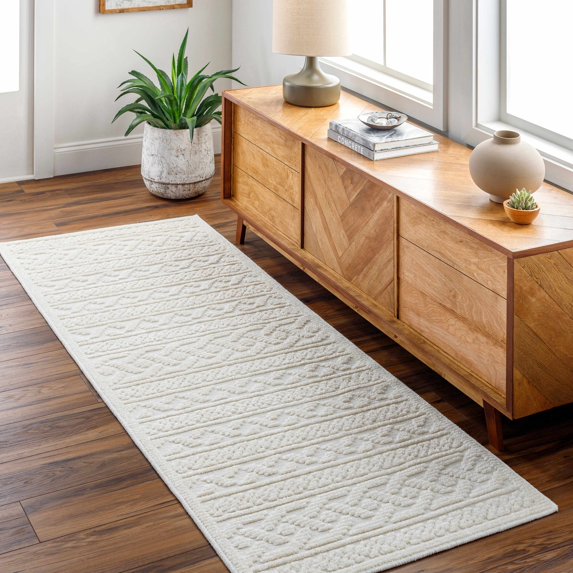 Hauteloom Drago Hallway, Kitchen Machine Washable Runner Rug - Bohemian Modern Farmhouse - Moroccan Transitional - White, Light Cream, Off White - 2'7" x 7'2"