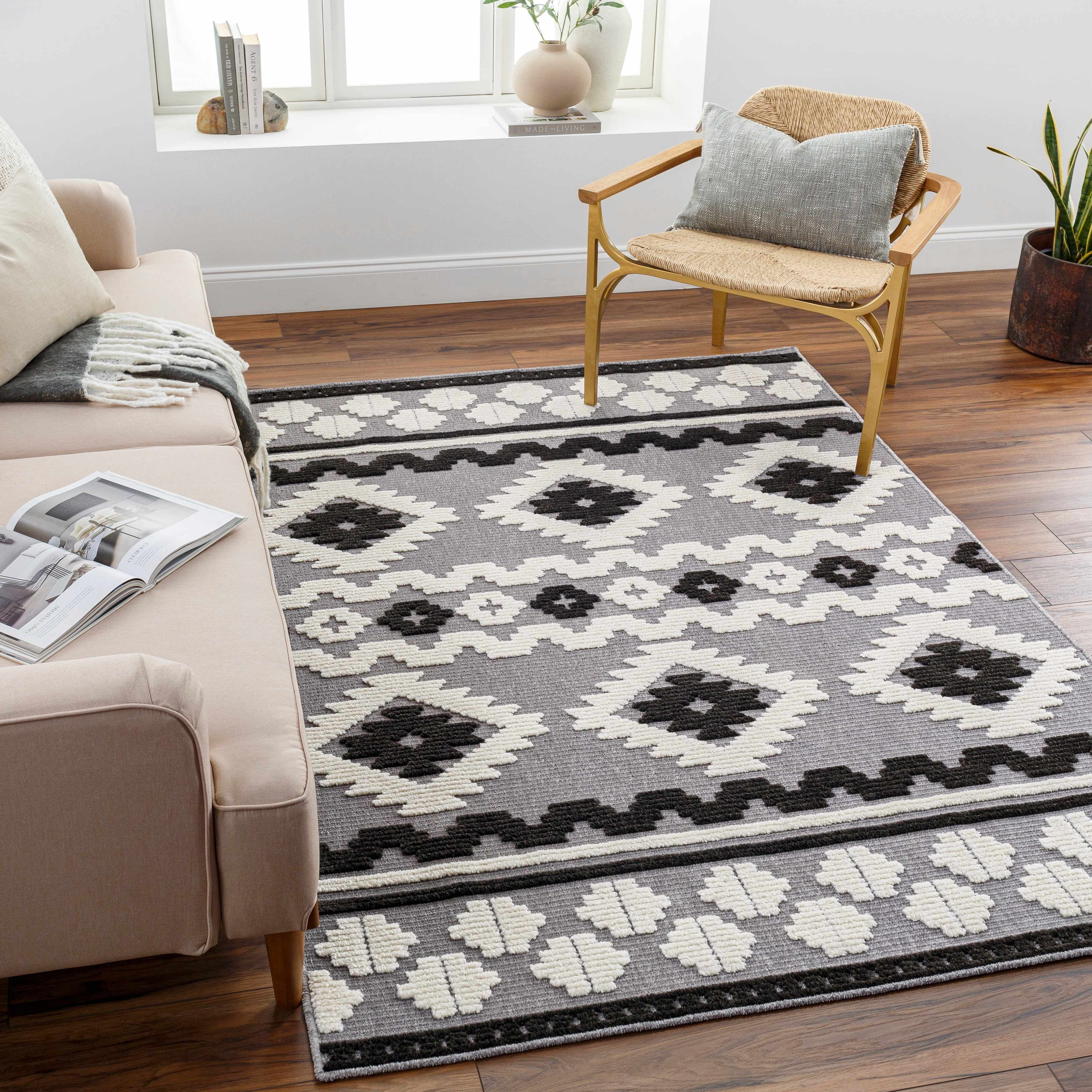 Hauteloom Drago Living Room, Bedroom Machine Washable Area Rug - Bohemian Modern Farmhouse - Moroccan Southwestern - Black, Gray, White - 3'3" x 5'