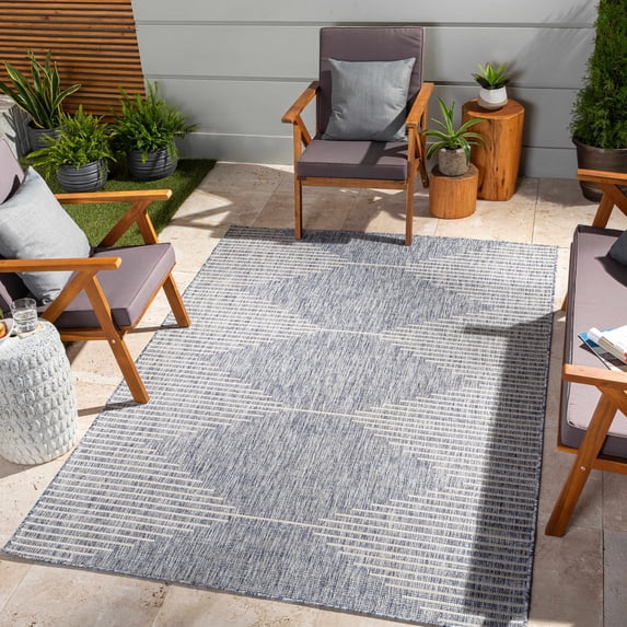 Hauteloom Dumingag Hallway, Kitchen Patio Outdoor Runner Rug - Global - Blue, Gray - 2'7" x 10'