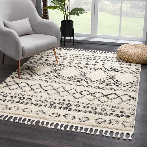 Hauteloom Duncans Farmhouse Shag Area Rug – Plush Pile Living Room & Bedroom Rug with Fringe – Beige, Charcoal, Gray - 3'11" x 5'7"