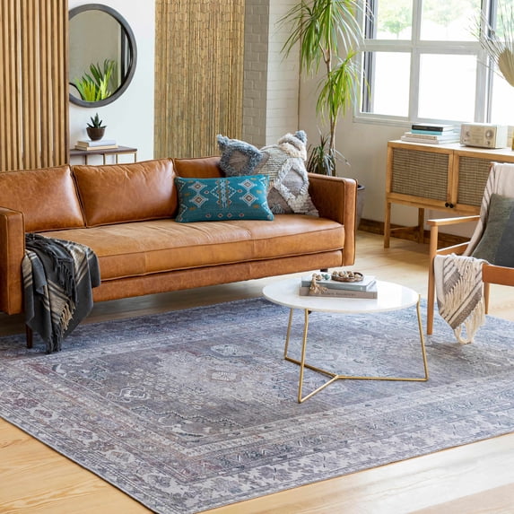 Hauteloom Eadestown Machine Washable Living Room Kitchen Area Rug - Pet & Child Friendly - Stain & Water Resistant - Vintage Distressed - Oriental Medallion - Gray, Off Purple - 9'3"x12'