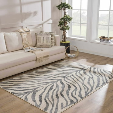 Hauteloom Ecorse Contemporary Animal Zebra Print Area Rug for Living Room Bedroom Dining Room - Distressed Faded Style - Black, Charcoal, Peach - 18" Sample