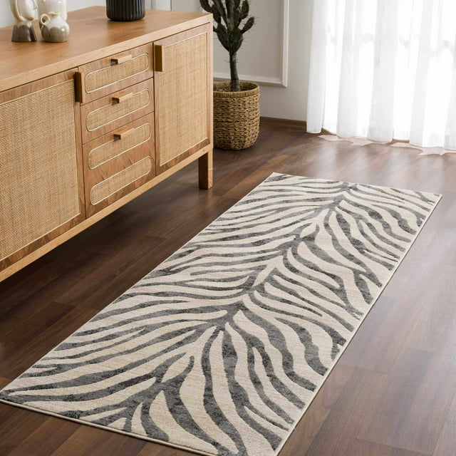 Hauteloom Ecorse Contemporary Animal Zebra Print Runner Rug for Living Room Hallway, Kitchen - Distressed Faded Style - Cream, Black, White, Beige, Grey - 2'7" x 7'3" (2x8)