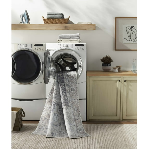 Hauteloom Edan Hallway, Kitchen Machine Washable Runner Rug - Traditional - Beige, Light Brown, Navy - 2'7" x 10'