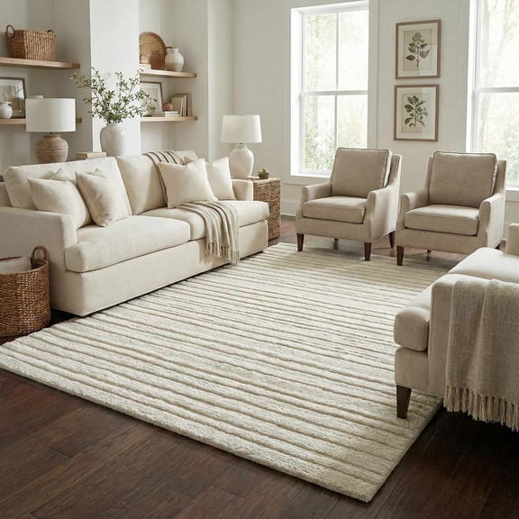 Hauteloom Edolie Wool Living Room, Bedroom Machine Washable Area Rug - Contemporary - High Pile - Ivory, Cream, Beige - 2' x 3'