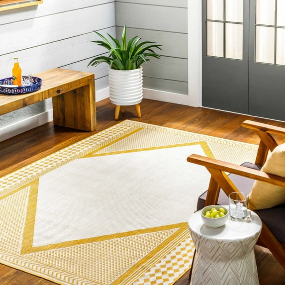 Hauteloom Efrem Living Room, Bedroom Patio Outdoor Area Rug - Bohemian, Transitional - Off White, Mustard - 6'7" x 9'