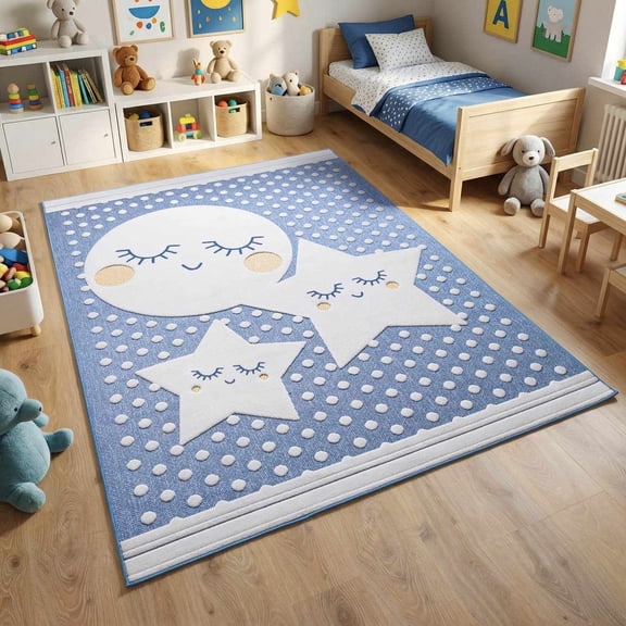 Hauteloom Egemen Living Room, Bedroom Area Rug - Kids & Novelty - Indigo, Mustard, Off White - 5'3" x 7'3"