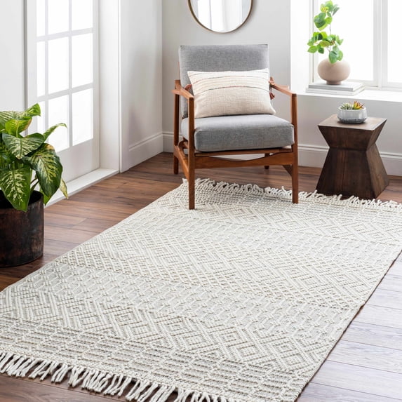 Hauteloom Egil Living Room, Bedroom Area Rug - Moroccan Farmhouse - Wool Carpet - Handmade Bubble Woven - Off White, White - 2'3" x 3'9"