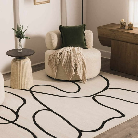 Hauteloom Eilir Modern Abstract Area Rug - Contemporary Geometric Carpet for Living Room, Bedroom, Dining Room - Beige, Black, Cream - 6'7" x 9'