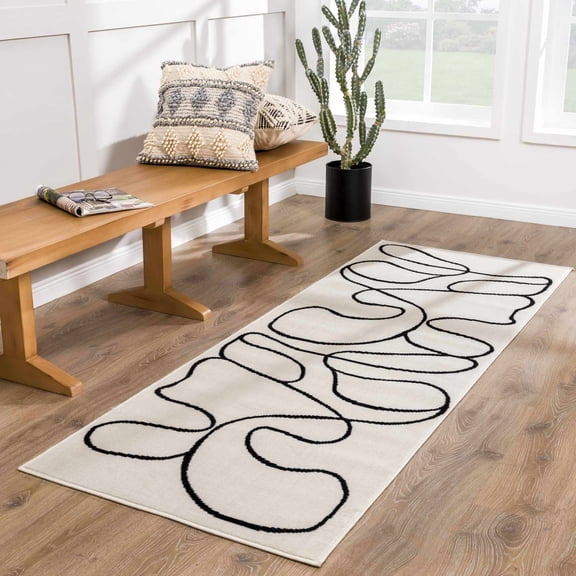 Hauteloom Eilir Modern Abstract Runner Rug - Contemporary Geometric Carpet for Hallway, Kitchen - Beige, Black, Cream - 2'7" x 7'3"