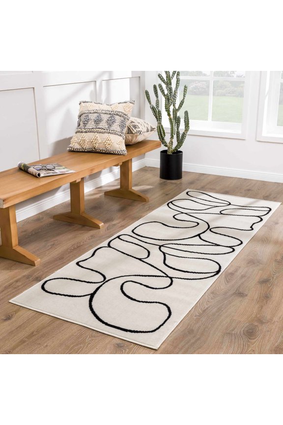 Eilir Modern Abstract Runner Rug - Contemporary Geometric Carpet for Hallway, Kitchen - Beige, Black, Cream - 2'7" x 7'3"