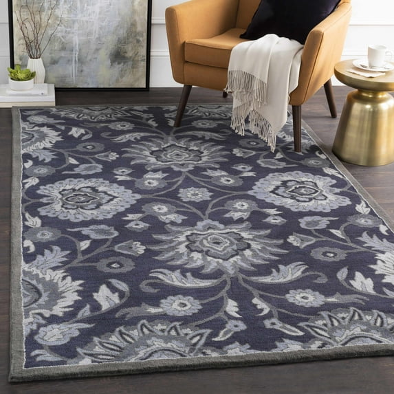 Hauteloom Elkins Wool Living Room, Bedroom Farmhouse Area Rug - Traditional Floral Carpet - Bohemian Paisley Vibe - Gray, Blue - 12' x 15'