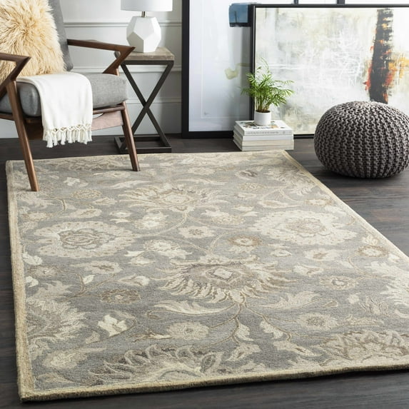 Hauteloom Elkins Wool Living Room, Bedroom Farmhouse Area Rug - Traditional Floral Carpet - Bohemian Paisley Vibe - Gray, White, Brown, Neutral - 5' x 8'