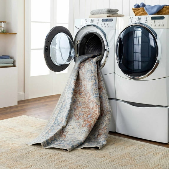 Hauteloom Emke Boho Oriental Medallion Area Rug -Traditional Floral Carpet for Living Room, Bedroom, Dining Room - Machine Washable - Blue, Orange - 6'7"-Round Rug